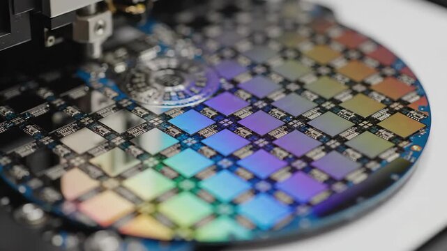 Electronic wafer with rainbow reflection. Microchip fabrication technology for modern semiconductor industry and engineering.