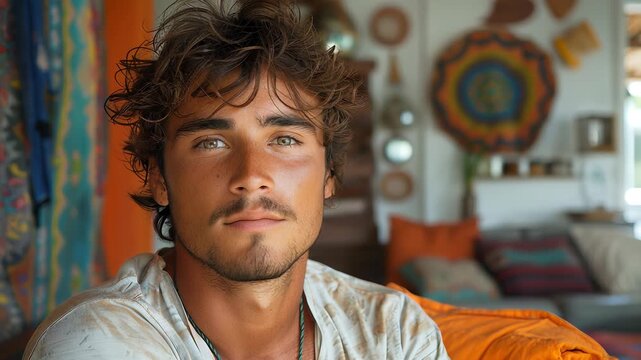 Serene Portrait of a Young Man with Beard and Long Hair in a Bohemian Style Living Room Setting