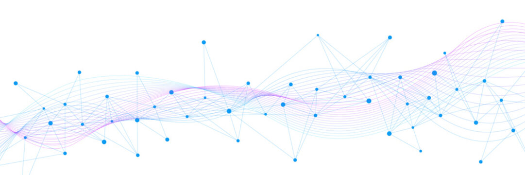Digital network connection technology with plexus and colorful wavy lines on white background. Design for global communication and concept. Vector