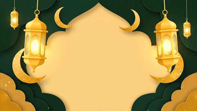 Islamic illustration golden lanterns and crescent moons on decorative background