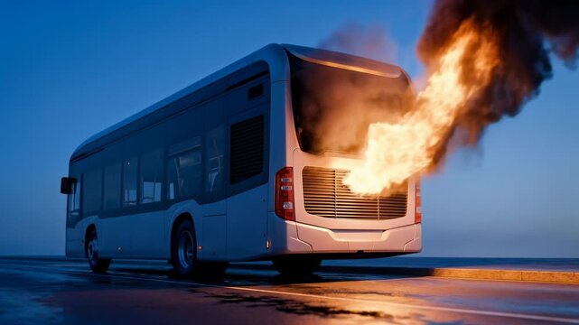 A bus is on fire on the side of the road at dusk. Flames and smoke are visible as emergency services arrive to manage the situation and ensure safety