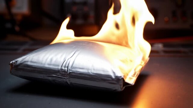A metal package is observed igniting and burning steadily under controlled conditions in a laboratory. Flames grow larger as smoke rises around the package during the process