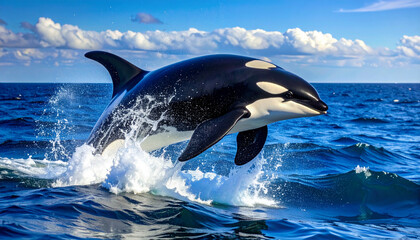 Fototapeta premium Powerful orca breaching from the deep blue ocean, dramatic marine wildlife action under bright sky.