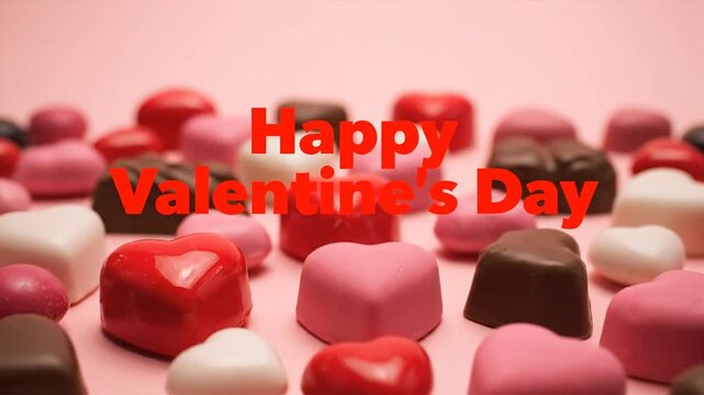 Heart shaped chocolate candies of various colors on a pink background