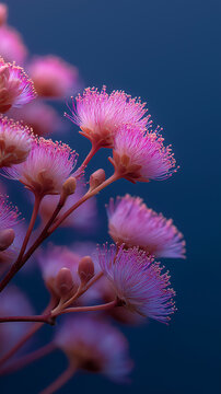 Close Up Of Delicate Pink Wildflower Seed Heads: Soft Fluffy Plant Details Against A Smooth Blue Background With Shallow Depth Of Field
