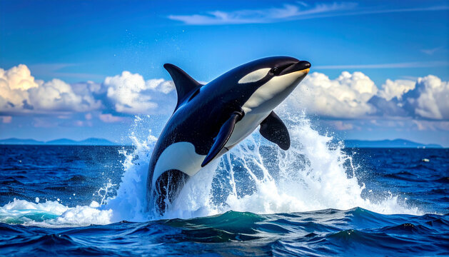Powerful orca breaching from the deep blue ocean, dramatic marine wildlife action under bright sky.