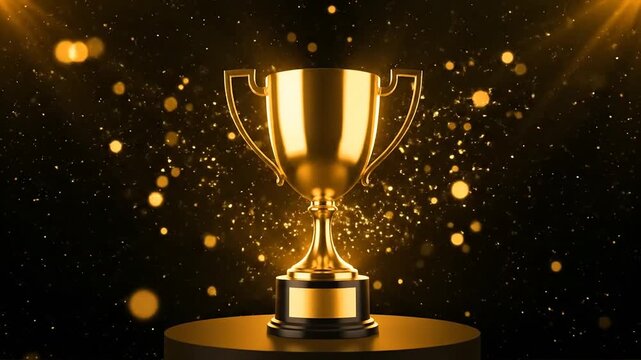 Golden trophy award on dark stage with bright particles