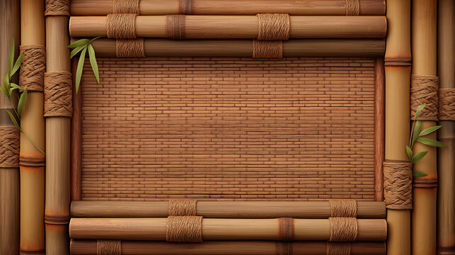 Close Up Of Decorative Bamboo Arrangement: Vertical Green Bamboo Stems With Carved Surface Patterns And Natural Leaves Creating An Organic Background Texture
