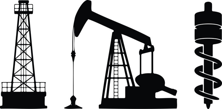 Black silhouettes of oil pumpjack drill bit and derrick isolated on white background vector illustration