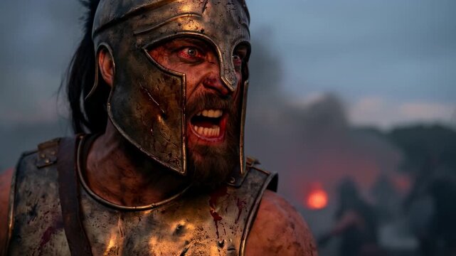 A warrior stands ready with a spear in hand, wearing armor. Background shows soldiers gathering as dusk falls. The atmosphere depicts an ancient battle scene