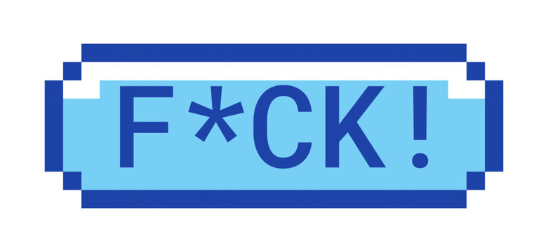 FCK retro pixel style blue button. Censored swear. Expletive communication. Frustration rage. Online outburst. Pixelated UI element. Clickable call-to-action 8-bit sticker. Roboto Mono font used