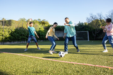 Obraz premium Diverse family playing soccer on backyard grass field next to small soccer goal with soccer ball