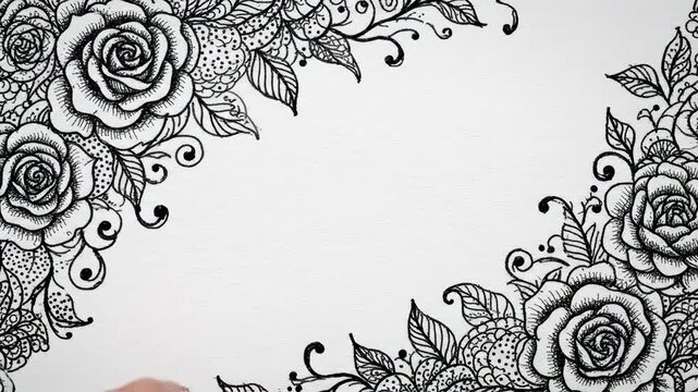 Intricate black and white floral doodle design with ornate details on both corners creating an artistic frame on a blank white background video