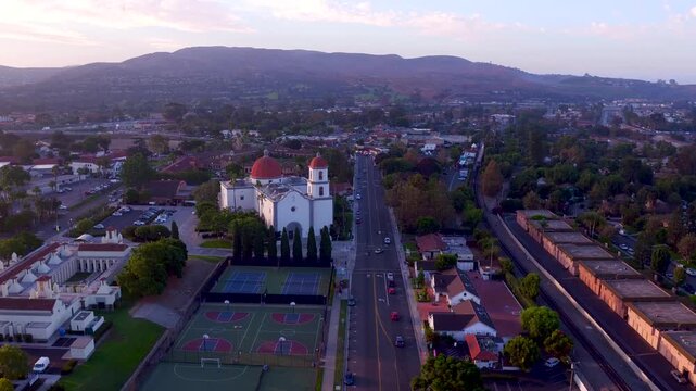 Aerial view of Mission Basilica San Juan Capistrano during golden hour.