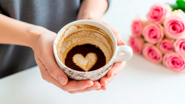 A young woman holds a ceramic cup with coffee grounds in the shape of a heart after drinking coffee. Valentine's Day concept. Sign of love.