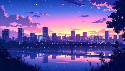 An aerial panorama of a glowing urban city skyline at sunset reveals a dusk view of downtown skyscrapers and architecture as evening lights begin to sparkle under a moonlit sky