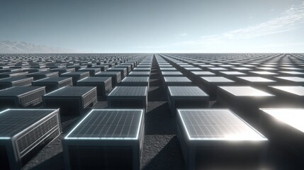 Naklejka premium Expansive field of photovoltaic solar panels stretching towards the horizon under a clear sky
