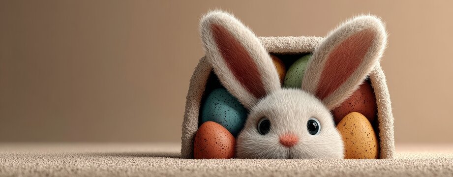 The Easter bunny is peeking out of a hole on a cream-colored background in this 3D rendering