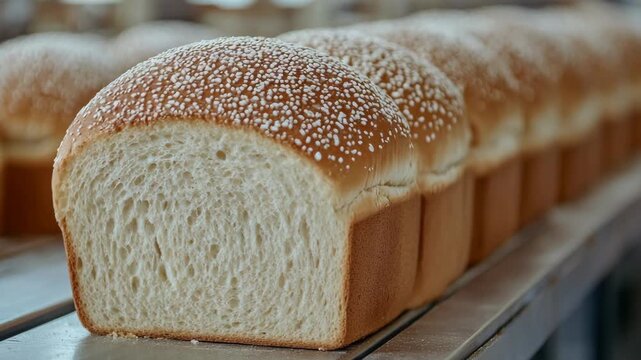 selective focus industrial bakery production line in operation