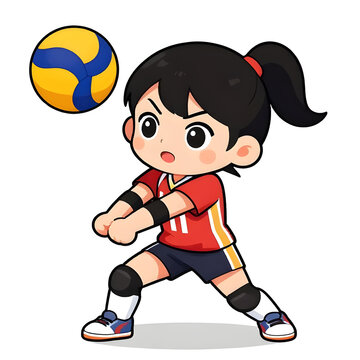 Cartoon CHIBI style young volleyball player. Active working posture. Ideal icon for logo, badge, branding, company mascot. High quality 