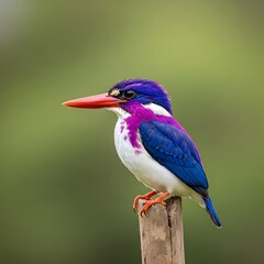Fototapeta premium Colorful Kingfisher Perched on a Wooden Post in Lush Greenery.