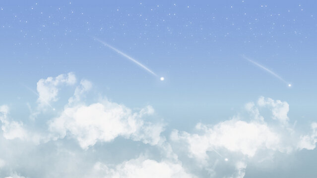 Dreamy sky illustration featuring soft white clouds beneath a gentle blue celestial sky. Subtle starlight and glowing shooting stars cross the atmosphere, creating a calm and magical scene.