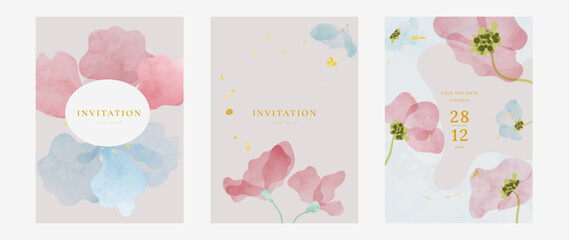 Naklejka premium watercolor floral wedding invitation vector set with soft pink pastel shapes and modern artistic composition. Elegant design for wedding cards, gala invitations, events, posters and stationery.