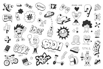  Summer lifestyle kid's funny graffiti doodles hand drawn characters sign and symbols, vector sketch illustration