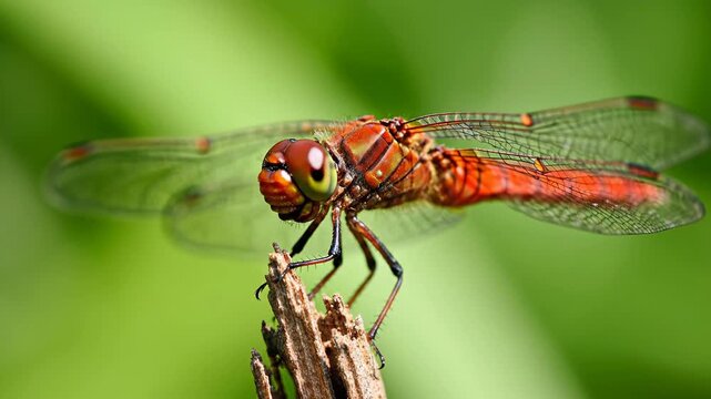 Close-up of a red dragonfly perched on a dry twig with a blurred green background