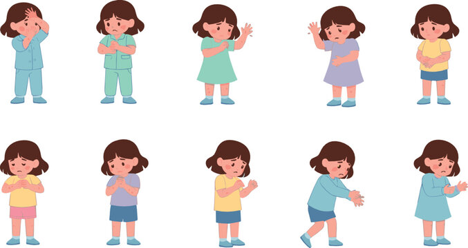 Cute Shy Little Girl Vector Set with Emotional Expressions, Hand Gestures, Childhood Feelings, Social Anxiety and Sweet Cartoon Child Characters