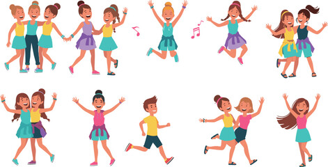 Fototapeta premium Happy Kids Jumping and Playing Vector Set with Friends, Fun Activities, Dancing, Friendship Moments and Energetic Cartoon Children Characters