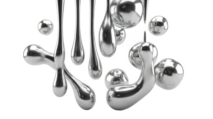 Abstract liquid metal droplets and chrome blobs in reflective 3D render style