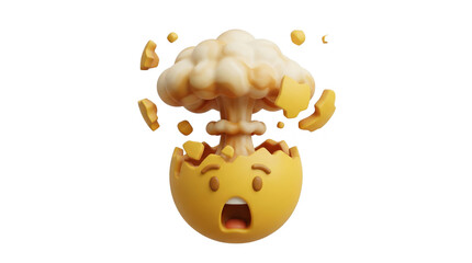 Shocked yellow emoji with mushroom cloud explosion in 3D cartoon style. Mind blown concept.