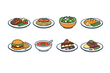 Assorted restaurant meal icons set featuring steak, pasta, salad, chicken, burger with fries, soup, cake dessert, and plated meat with sides