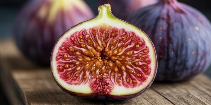 Extreme close up of ripe fig slice on wooden surface showing vibrant pulp, seeds and skin texture with natural light and shallow depth of field.