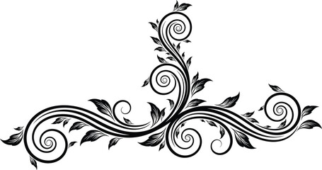 Black floral scroll ornament vector illustration with elegant swirls and delicate leaves isolated on white background for wedding invitation vintage border or header design.