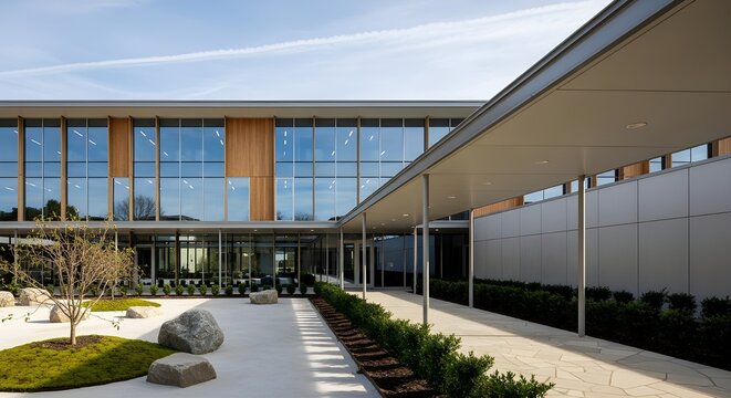 Modern campus building with open walkways, representing educational architecture, collaboration, and clean contemporary design.