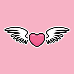 Pink heart with white wings. Set of cute love symbols. Heart tattoo. Pink and white color icons. Hearts for design. Love, romance vector icons. For gifts, Valentine's Day, birthday, party decor, cards