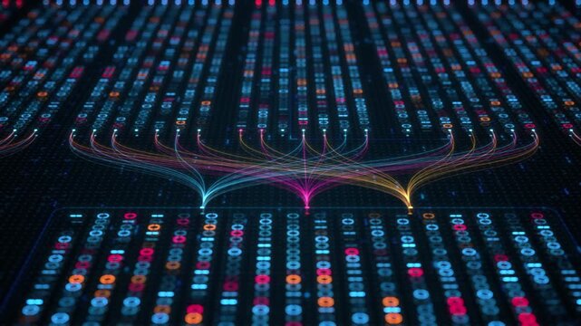 Dark blue data blocks with pink light trails. Recommendation engine, content ranking and user preferences