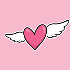Pink heart with white wings. Set of cute love symbols. Heart tattoo. Pink and white color icons. Hearts for design. Love, romance vector icons. For gifts, Valentine's Day, birthday, party decor, cards
