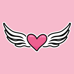 Pink heart with white wings. Set of cute love symbols. Heart tattoo. Pink and white color icons. Hearts for design. Love, romance vector icons. For gifts, Valentine's Day, birthday, party decor, cards