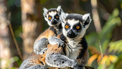 Fototapeta premium Ring-tailed lemur mother with baby riding on her back, wildlife family portrait in natural forest habitat.