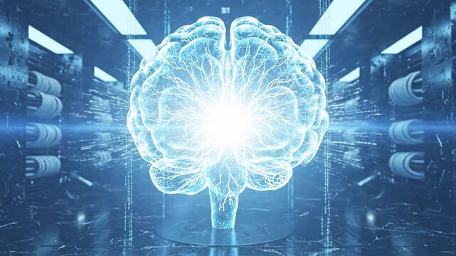 Digital Brain in Technology: A radiant digital representation of the brain in a cutting-edge technological environment, evoking the realms of intelligence and the future.