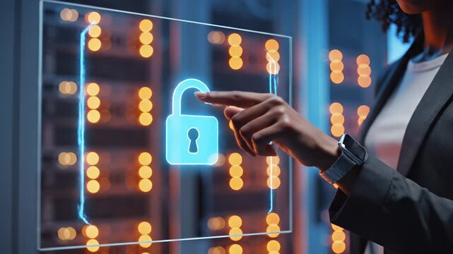 Woman touches holographic padlock icon on digital security interface. Businesswoman interacts with glowing lock symbol on cybersecurity display. Security interface with padlock and network pattern.