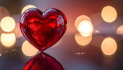 A shiny red heart reflecting on a dark surface with blurred bokeh lights creating a romantic background.