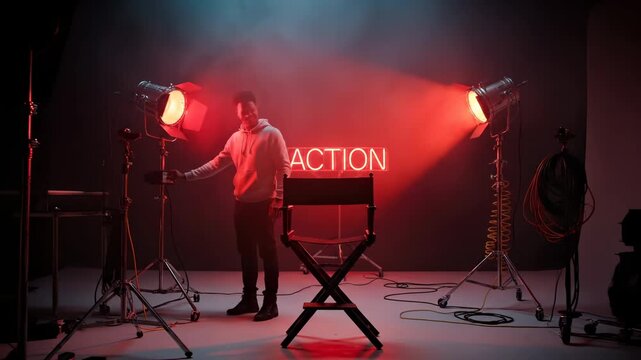 person sit on chair at stage under light. hands rest on chair back. studio smoke creates silhouette behind person. light rig stand left and right. crew move around set. crew adjust rig near set.