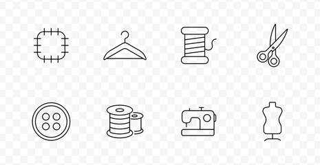 Fototapeta premium Sewing and tailoring set icon. Stitch frame, hanger, thread spool, scissors, button, bobbin, sewing machine, mannequin in clothing production line style.