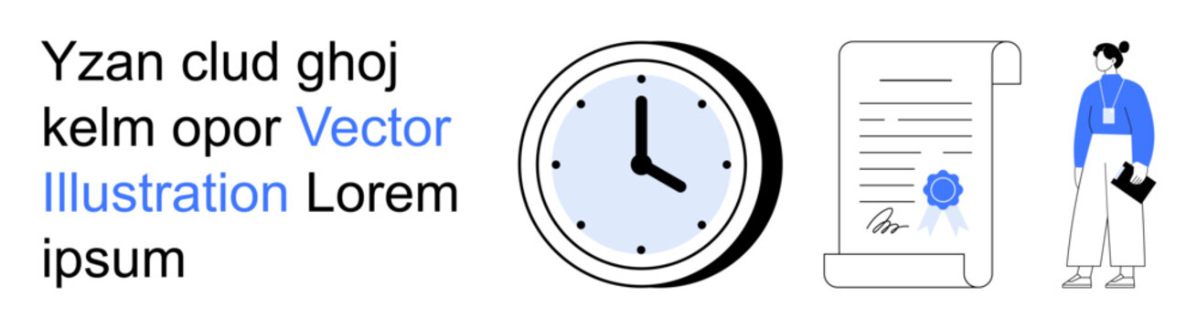 Time management, certifications, business planning, professionalism, training, official documents. Clock showing time, certified document professional figure. Time management and certifications