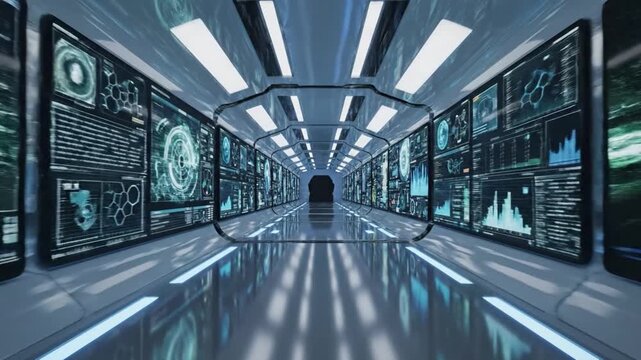 Digital Data Hub: An awe-inspiring perspective of a modern, high-tech data center, where glowing screens of data line a futuristic corridor, signifying connectivity and cutting-edge technology.