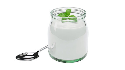 Yogurt in glass jar with mint and spoon